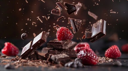 A pile of dark chocolate with raspberries falling out of it