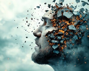 Man s Head Exploding into Burning Stone Fragments Mental Health Crisis Concept Art