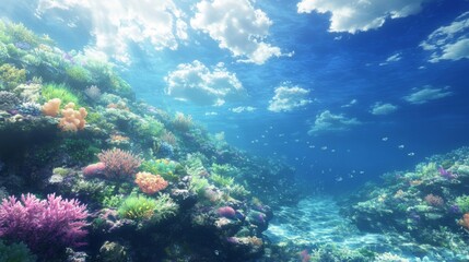 Fototapeta premium Underwater coral reef scene, vibrant colors, sunny day, marine life, nature background, perfect for showcasing biodiversity, educational purposes