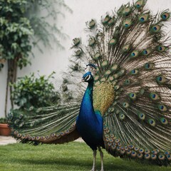 Obraz premium A majestic peacock spreading its feathers, standing in a garden, with a pure white backdrop.