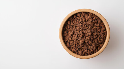 Nutrient dense organic compost filling rustic wooden bowl, highlighting eco friendly gardening sustainability against clean white surface