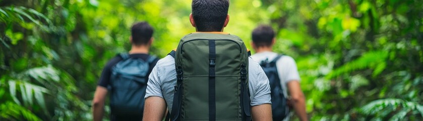Three hikers trek through a lush, green forest, carrying backpacks, embracing nature and adventure on their journey.