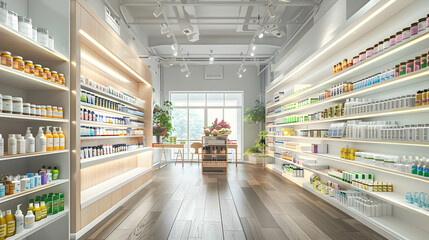 Brightly lit modern pharmacy interior showcasing a variety of health products on shelves