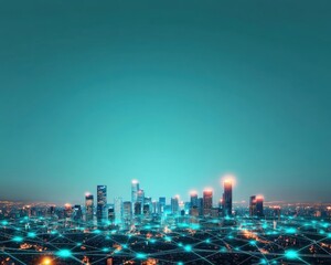 Naklejka premium Smart City at Night Illuminated Skyscrapers Connected by Digital Network Futuristic Urban Technology Concept