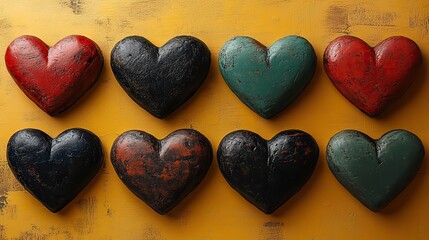 Fototapeta premium Red, green, and black hearts arranged on a yellow background, symbolizing Juneteenth emancipation.