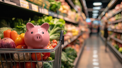 Ceramic piggy bank nestled among fresh produce in shopping cart, symbolizing financial planning and economical food purchasing