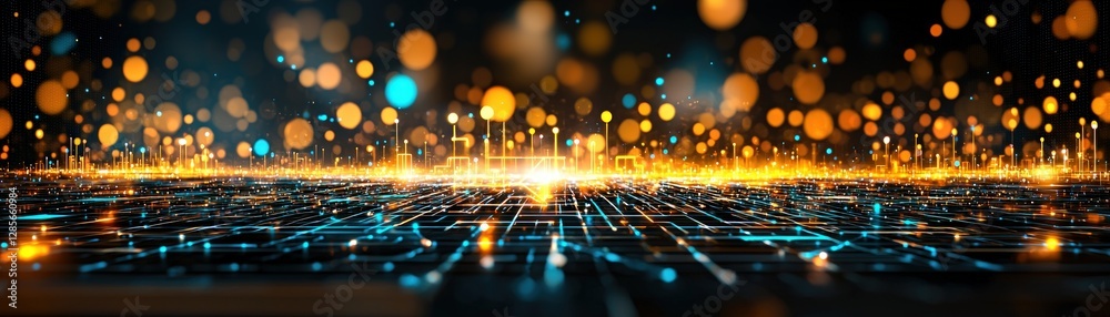 Poster Abstract digital landscape with glowing particles and circuit lines