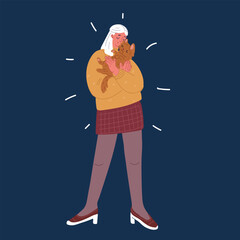 Cartoon vector illustration of a woman hugging a cat, sharing a moment of love, warmth, and affection over dark background