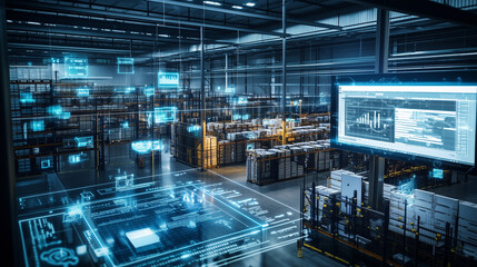 Augmented reality interface managing operations in a modern automated warehouse, optimizing logistics and improving efficiency
