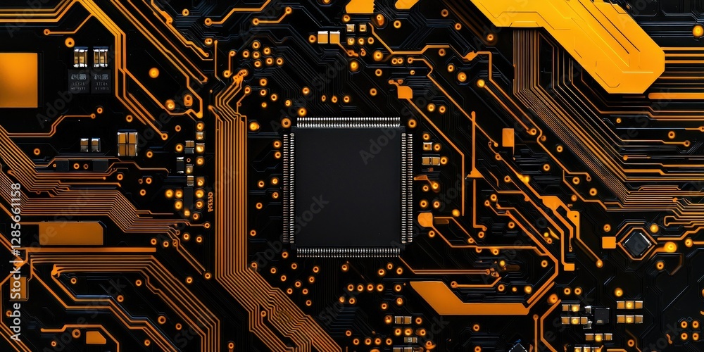 Poster close-up view of abstract circuit board with orange accents