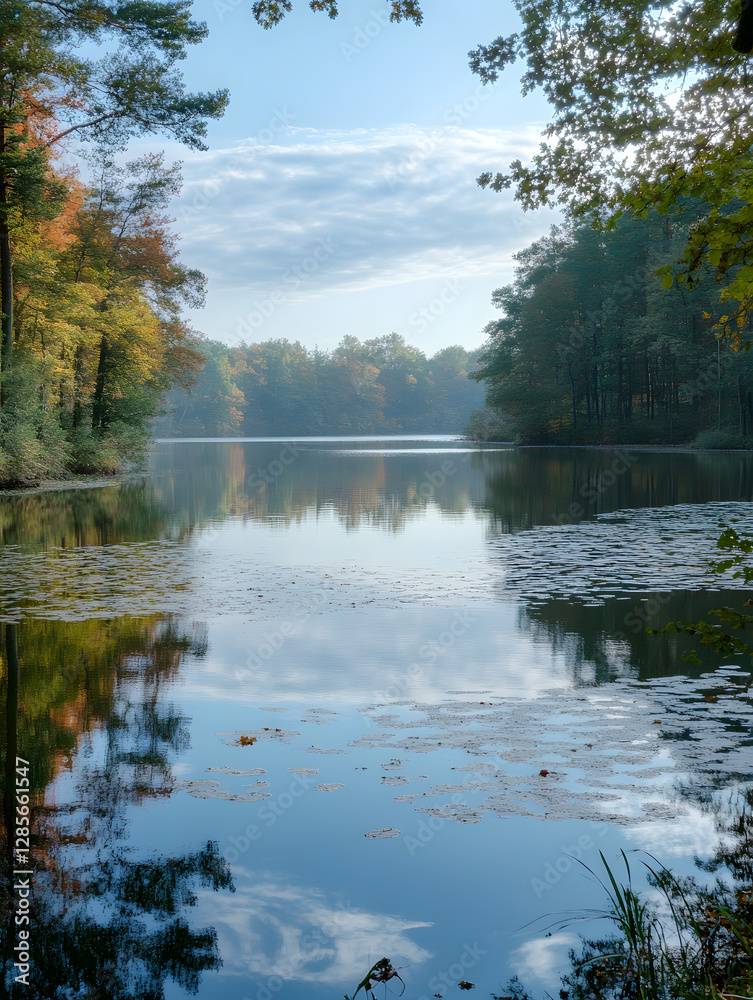 Aufkleber serene autumn lake surrounded by lush trees and calm reflection : generative ai