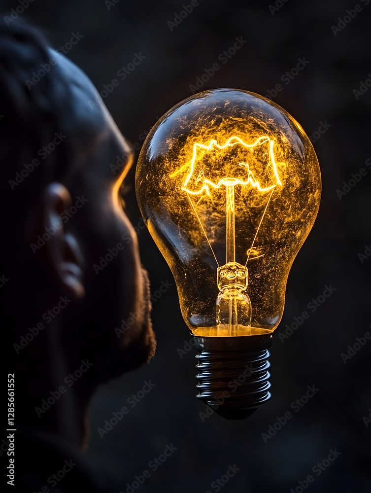 Poster man facing glowing light bulb with creative conceptual energy : generative ai