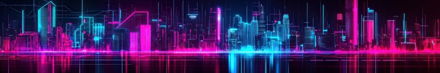 Fototapeta premium Futuristic City Skyline with Neon Lights and Digital Effects