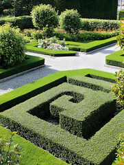Beautifully Manicured Garden with Intricate Hedge Patterns and Pathway : Generative AI