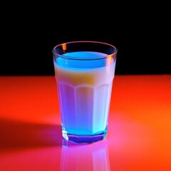 Glass of Neon Blue Milk on Reflective Surface with Black Background