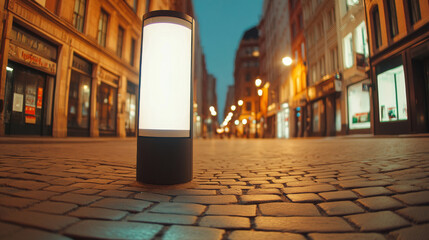 Fisheye view of a glowing blank advertising column standing on a cobblestone street with blurred shops and street lights at twilight