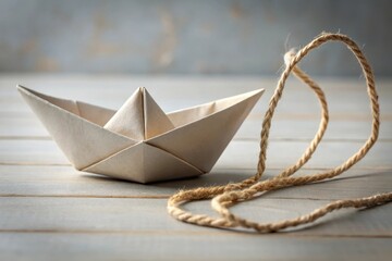 A Simple Paper Boat and a Length of Hemp Rope Resting on a Weathered Wooden Surface