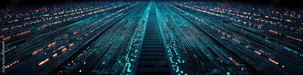 Leinwandbilder Futuristic digital data streams flow along a high tech circuit board pathway Abstract technology background illustration