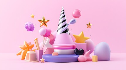 Whimsical 3D Render: Pastel Party Scene with Floating Sweets AI Generated