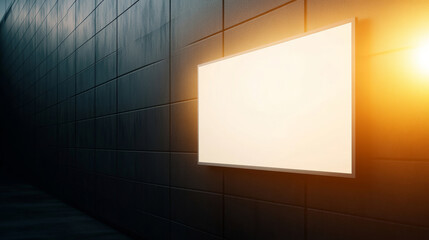 Empty white rectangular lightbox glowing on a dark tiled wall with a corridor on the side, illuminated by warm sunset light