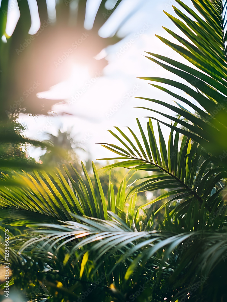 Poster lush green palm leaves basking in tropical sunlight creating a serene natural canopy : generative ai