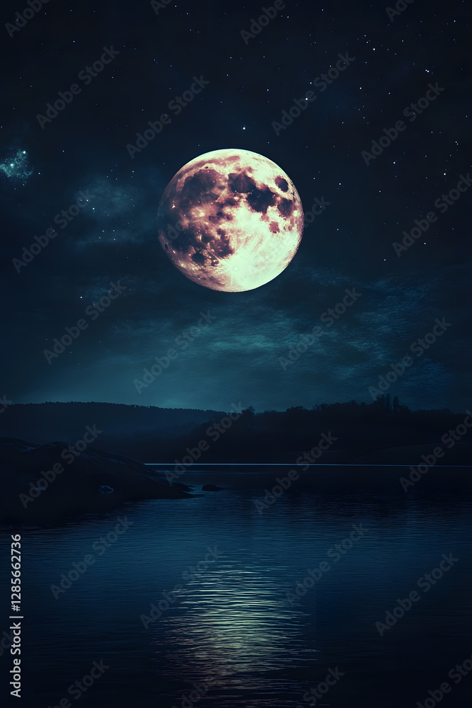Poster enchanting full moon reflection over tranquil lake surrounded by starry night : generative ai