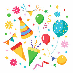 Colorful party supplies including balloons, hats, confetti, and streamers. (1)