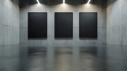 Minimalist concrete wall with three black vertical frames casting subtle shadows, creating elegant gallery style display highlighting negative space