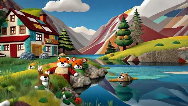 A group of stuffed animals are sitting on rocks by a lake. There are two bears, one of which is wearing a red scarf