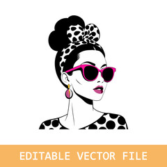 A stylish woman with an elegant updo in a modern flat illustration, featuring rich textures and a playful cartoon style