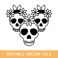 Human skull in a flower frame woodcut style. Vector engraving sketch illustration for tattoo and print design.