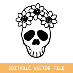 Skull with flowers, with roses. Human skull portrait with flower crown. Vector illustration 