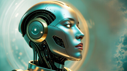 Cybernetic Woman,l side view – The Future of Robotics The background is softly blurred