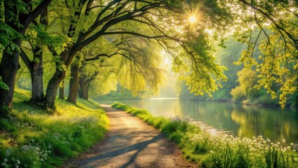 Serene Pathway Winding Along a Calm Riverbank Bathed in Golden Sunlight, Lush Green Foliage Arching Overhead Creating a Picturesque Natural Scene
