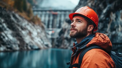 Man in orange jacket and helmet gazes thoughtfully at the rock formations near a dam in a mountain valley