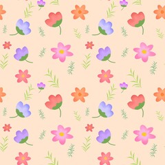 Seamless pattern, colorful flowers on a beige background, combined with green leaves, giving a lovely natural look, suitable for backgrounds, textile designs and gift wrapping paper.