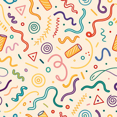 Colorful abstract seamless pattern with wavy lines, circles, and geometric shapes on a beige background.