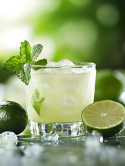 Fototapeta premium Refreshing Mint Lime Cocktail in Glass with Ice and Whole Limes : Generative AI