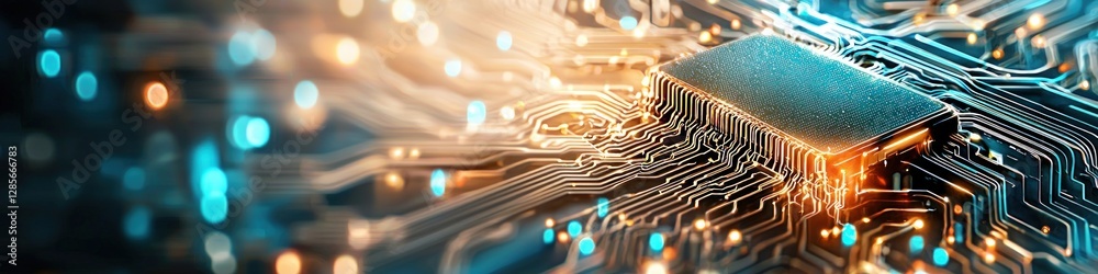 Poster microchip on circuit board with glowing lights and connections