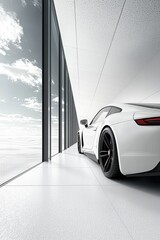 A white sports car parked in front of a large window