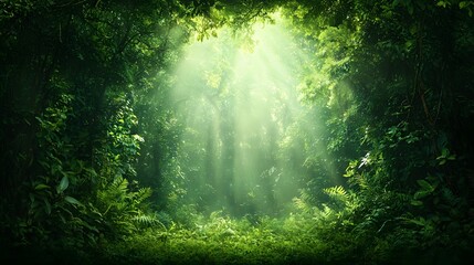 Obraz premium Serene and lush forest landscape with sunlight filtering through the tall verdant trees creating a peaceful and tranquil atmosphere Copy space available for text overlay