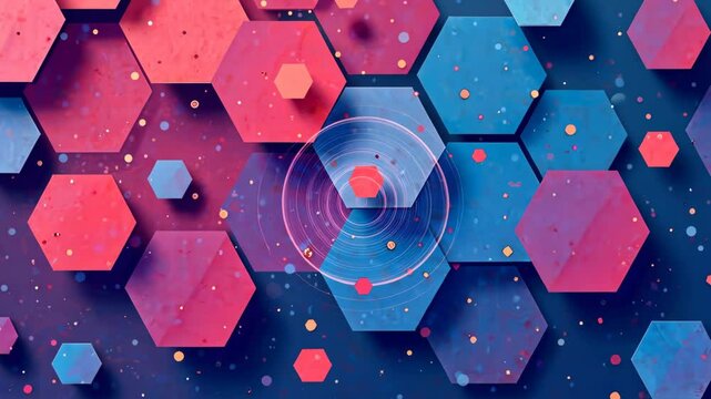 A blue and pink background with many small squares. The squares are in different sizes