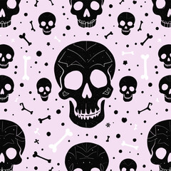 a central black skull surrounded by smaller black skulls and bones, all set against a pink background with scattered white dots.