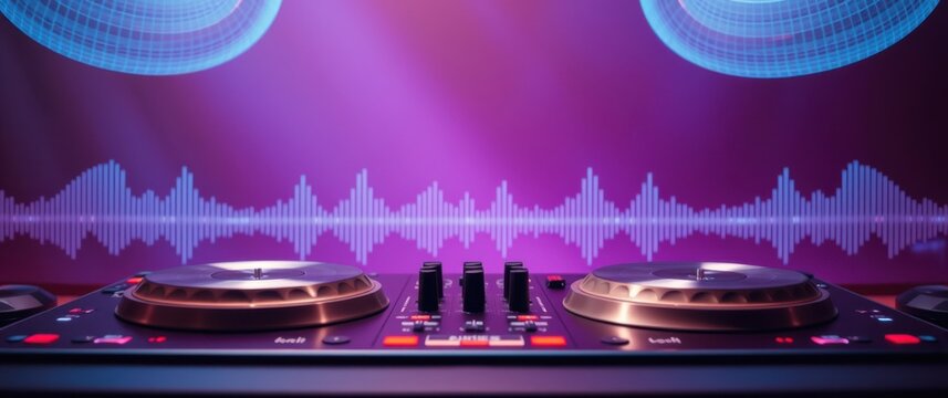 Electronic music setup with DJ turntable, controls, neon lights, and digital waveform visualization.