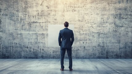 Obraz premium Businessman Facing Blank Canvas, Opportunity, Potential, and the Future of Success