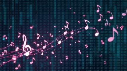Musical notes dance across a digital binary code background, merging technology with artistic expression. Fusion of sounds.