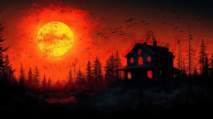Set the mood for a spooky Halloween with this haunting background featuring a creepy haunted house, silhouetted bats, and a classic orange and black color scheme