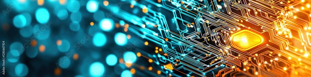 Poster Abstract Circuit Board Technology Background Digital Data Network Orange Blue Glowing Lines