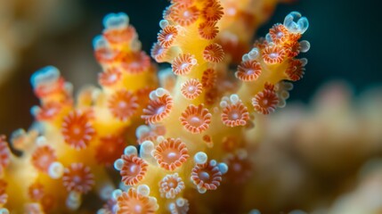 A close-up photograph of tiny, colorful coral animals on a hammer-shaped coral.