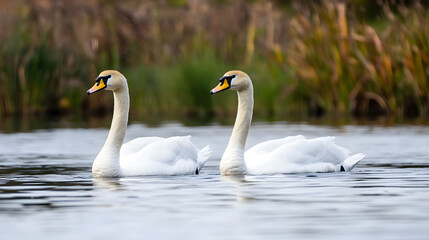 Obraz premium Pair of Elegant Swans Gracefully Gliding Over Tranquil Lake Waters : Generative AI